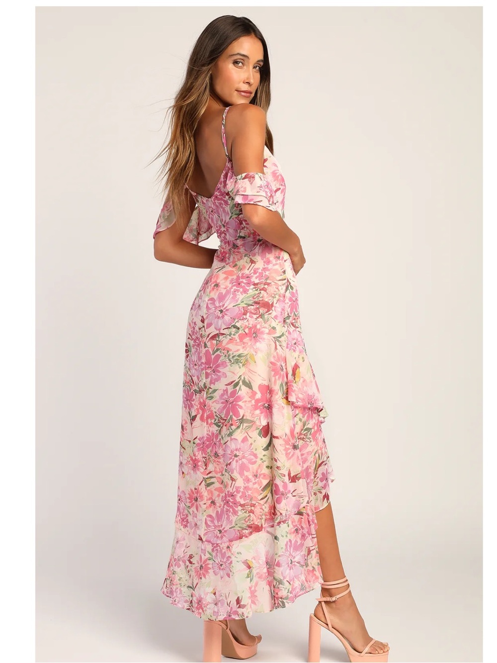 Lulus Watch Me Grow Pink Floral Cold-Shoulder High-Low Chiffon Maxi Dress Large